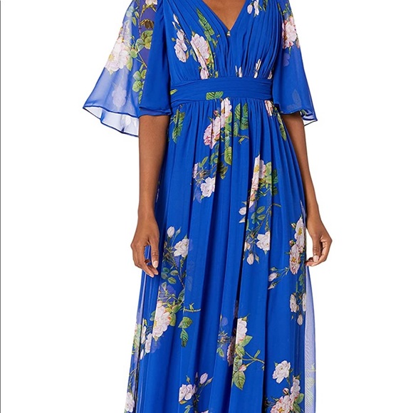 Adrianna Papell Women's Floral Chiffon Dress - Flutter Sleeves, V-Neck, Floor Length - View #9